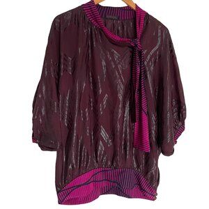 Custo Barcelona Dolman Sleeve Blouse Large L Purple Tie Neck Shirt Top Bohemian